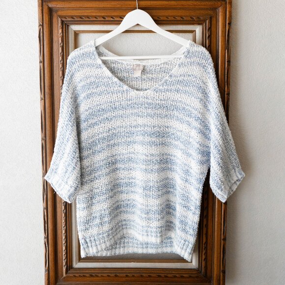 Chico’s Women’s Size1 Medium Linen Blend Striped Tape Yarn V-Neck Knit Pullover - Picture 1 of 7